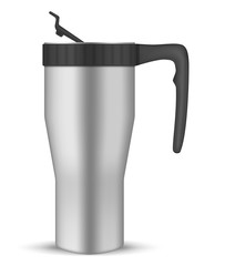 Stainless steel tumbler cup with flip lid, realistic vector mockup. Travel thermo mug with handle, template. Insulated thermos for coffee, tea and other hot or cold drinks, mock-up
