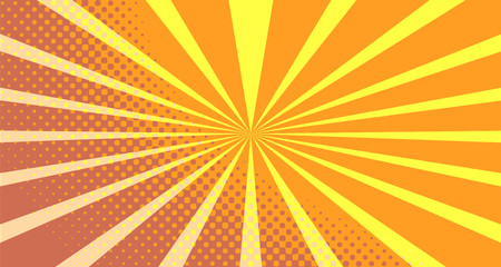 Fototapeta premium Vintage colorful comic book background. Orange blank bubbles of different shapes. Rays, radial, halftone, dotted effects. For sale banner empty Place for text 1960s. Copy space vector eps10.