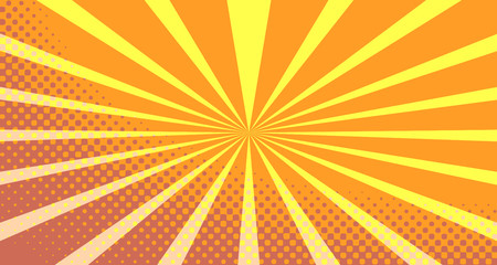 Vintage colorful comic book background. Orange blank bubbles of different shapes. Rays, radial, halftone, dotted effects. For sale banner empty Place for text 1960s. Copy space vector eps10.