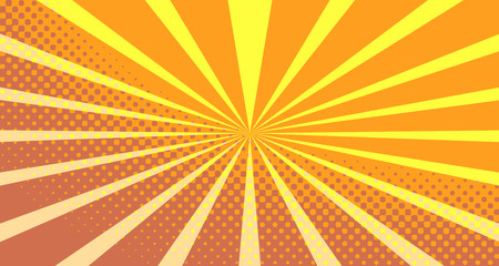 Vintage colorful comic book background. Orange blank bubbles of different shapes. Rays, radial, halftone, dotted effects. For sale banner empty Place for text 1960s. Copy space vector eps10.