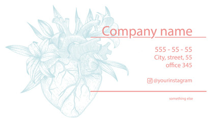 Vector business card for cardiologist with realistic heart and lily flowers . Vintage illustration with anatomy organ for promotion 
