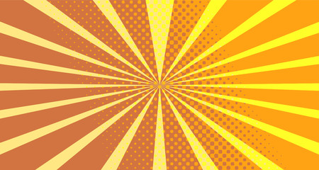 Vintage colorful comic book background. Orange blank bubbles of different shapes. Rays, radial, halftone, dotted effects. For sale banner empty Place for text 1960s. Copy space vector eps10.