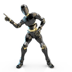 schwarzer humanoider Roboter zeigt etwas