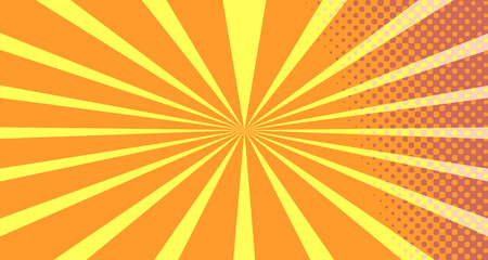 Vintage colorful comic book background. Orange blank bubbles of different shapes. Rays, radial, halftone, dotted effects. For sale banner empty Place for text 1960s. Copy space vector eps10.