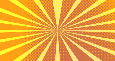 Vintage colorful comic book background. Orange blank bubbles of different shapes. Rays, radial, halftone, dotted effects. For sale banner empty Place for text 1960s. Copy space vector eps10.