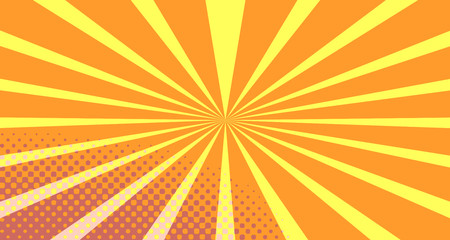 Vintage colorful comic book background. Orange blank bubbles of different shapes. Rays, radial, halftone, dotted effects. For sale banner empty Place for text 1960s. Copy space vector eps10.