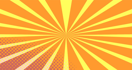Vintage colorful comic book background. Orange blank bubbles of different shapes. Rays, radial, halftone, dotted effects. For sale banner empty Place for text 1960s. Copy space vector eps10.