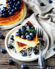 Cottage cheese casserole with blueberries on a wooden background
