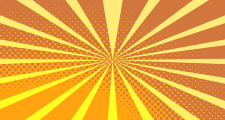 Vintage colorful comic book background. Orange blank bubbles of different shapes. Rays, radial, halftone, dotted effects. For sale banner empty Place for text 1960s. Copy space vector eps10.