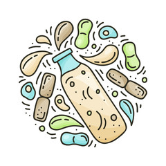 Kefir or yogurt. Round doodle template. Hand drawn vector concept for poster. Color illustration of fermented dairy products on white background. Cartoon bottle with isolated spray drops and bacteria