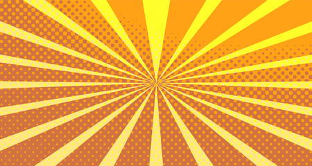 Vintage colorful comic book background. Orange blank bubbles of different shapes. Rays, radial, halftone, dotted effects. For sale banner empty Place for text 1960s. Copy space vector eps10.