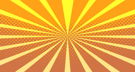 Fototapeta premium Vintage colorful comic book background. Orange blank bubbles of different shapes. Rays, radial, halftone, dotted effects. For sale banner empty Place for text 1960s. Copy space vector eps10.