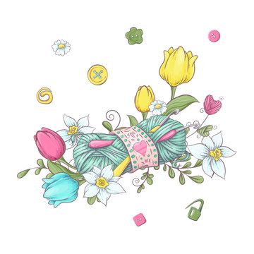 Cartoon wreath of knitted elements and accessories and spring flowers. Hand drawing. Vector illustration