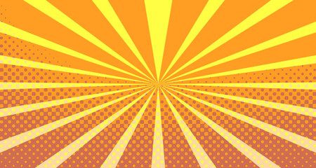 Fototapeta premium Vintage colorful comic book background. Orange blank bubbles of different shapes. Rays, radial, halftone, dotted effects. For sale banner empty Place for text 1960s. Copy space vector eps10.