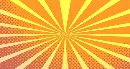 Vintage colorful comic book background. Orange blank bubbles of different shapes. Rays, radial, halftone, dotted effects. For sale banner empty Place for text 1960s. Copy space vector eps10.