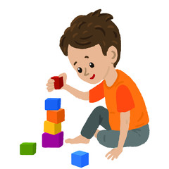 Cute toddler baby boy playing with blocks, building a high tower. Concept development and education of young children. - Vector İllustration