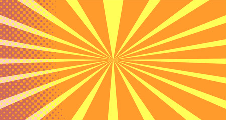 Vintage colorful comic book background. Orange blank bubbles of different shapes. Rays, radial, halftone, dotted effects. For sale banner empty Place for text 1960s. Copy space vector eps10.