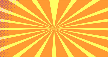 Vintage colorful comic book background. Orange blank bubbles of different shapes. Rays, radial, halftone, dotted effects. For sale banner empty Place for text 1960s. Copy space vector eps10.