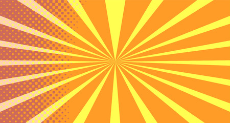 Vintage colorful comic book background. Orange blank bubbles of different shapes. Rays, radial, halftone, dotted effects. For sale banner empty Place for text 1960s. Copy space vector eps10.