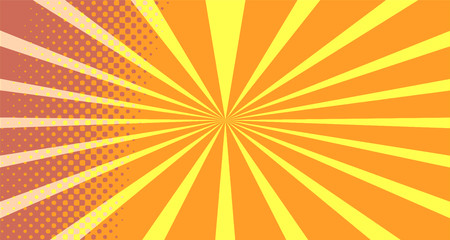 Fototapeta premium Vintage colorful comic book background. Orange blank bubbles of different shapes. Rays, radial, halftone, dotted effects. For sale banner empty Place for text 1960s. Copy space vector eps10.