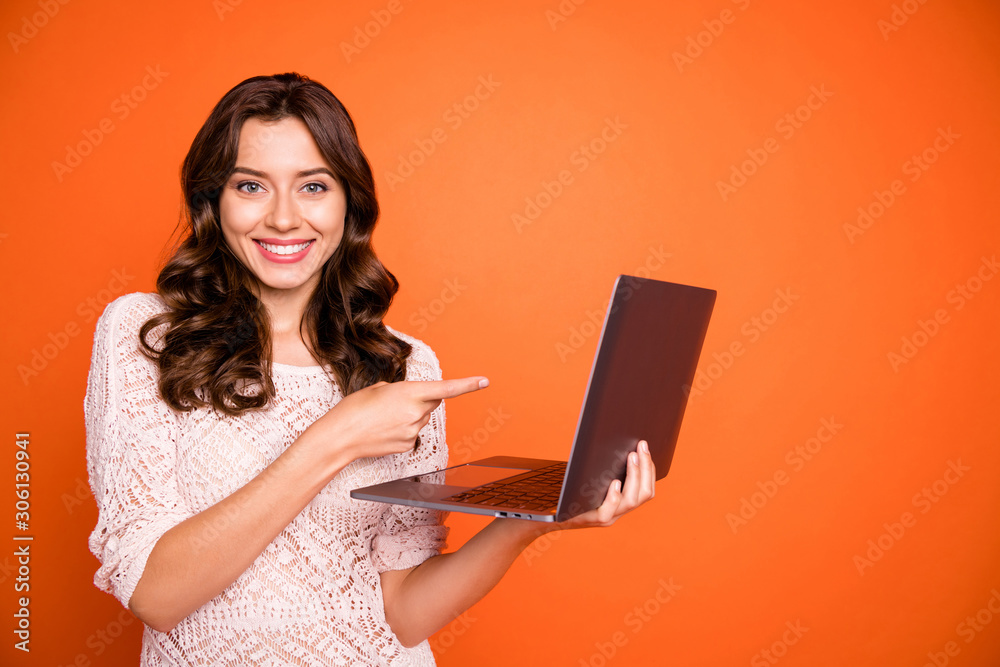 Wall mural portrait of positive cheerful girl use laptop search online black friday bargain point index finger 