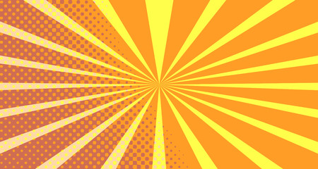 Vintage colorful comic book background. Orange blank bubbles of different shapes. Rays, radial, halftone, dotted effects. For sale banner empty Place for text 1960s. Copy space vector eps10.