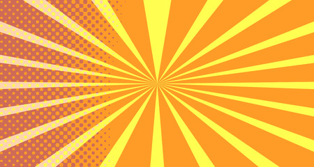 Vintage colorful comic book background. Orange blank bubbles of different shapes. Rays, radial, halftone, dotted effects. For sale banner empty Place for text 1960s. Copy space vector eps10.