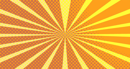 Vintage colorful comic book background. Orange blank bubbles of different shapes. Rays, radial, halftone, dotted effects. For sale banner empty Place for text 1960s. Copy space vector eps10.
