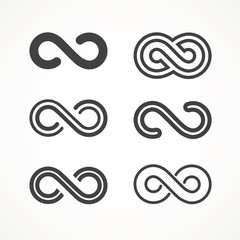 Obraz premium Infinity symbol. Vector logos set. Black contours of different shapes, thickness and style isolated on white. Symbol of repetition and unlimited cyclicity