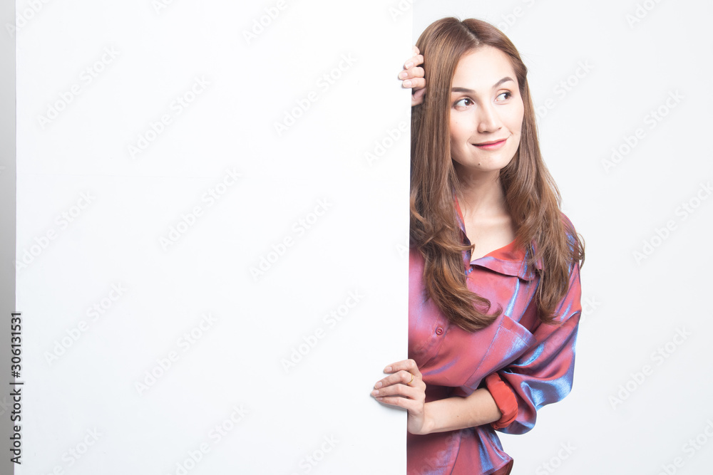 Wall mural young asian woman with blank sign.