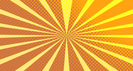 Vintage colorful comic book background. Orange blank bubbles of different shapes. Rays, radial, halftone, dotted effects. For sale banner empty Place for text 1960s. Copy space vector eps10.