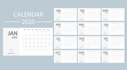 Black and white calendar 2020 with week starts on Sunday. Minimal planner vector template date desk. Modern design office organizer. Schedule number style diary