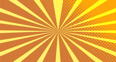 Vintage colorful comic book background. Orange blank bubbles of different shapes. Rays, radial, halftone, dotted effects. For sale banner empty Place for text 1960s. Copy space vector eps10.
