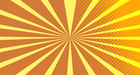 Vintage colorful comic book background. Orange blank bubbles of different shapes. Rays, radial, halftone, dotted effects. For sale banner empty Place for text 1960s. Copy space vector eps10.
