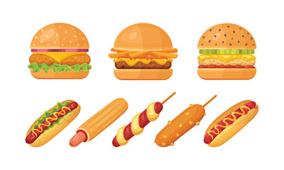 Set of classic burgers with flying ingredients and hotdogs. Vector hamburger and hot dog icons. Fastfood set.