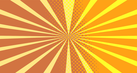 Vintage colorful comic book background. Orange blank bubbles of different shapes. Rays, radial, halftone, dotted effects. For sale banner empty Place for text 1960s. Copy space vector eps10.