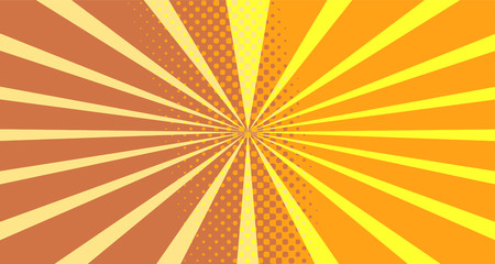 Fototapeta premium Vintage colorful comic book background. Orange blank bubbles of different shapes. Rays, radial, halftone, dotted effects. For sale banner empty Place for text 1960s. Copy space vector eps10.