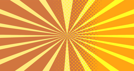 Vintage colorful comic book background. Orange blank bubbles of different shapes. Rays, radial, halftone, dotted effects. For sale banner empty Place for text 1960s. Copy space vector eps10.