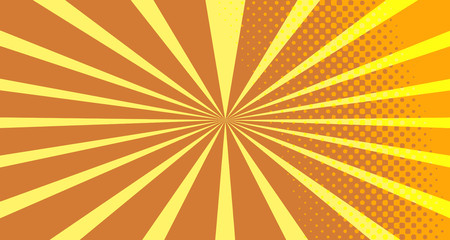 Fototapeta premium Vintage colorful comic book background. Orange blank bubbles of different shapes. Rays, radial, halftone, dotted effects. For sale banner empty Place for text 1960s. Copy space vector eps10.