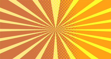 Vintage colorful comic book background. Orange blank bubbles of different shapes. Rays, radial, halftone, dotted effects. For sale banner empty Place for text 1960s. Copy space vector eps10.