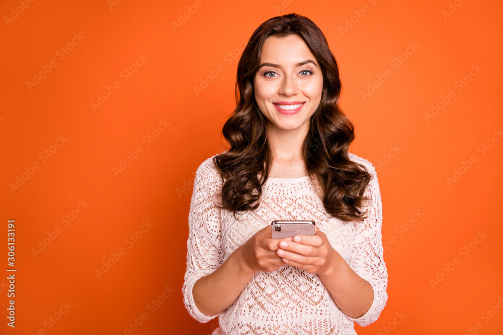 Wall mural portrait of positive cheerful girl use cellphone blogging post comment follow share reposts wear goo