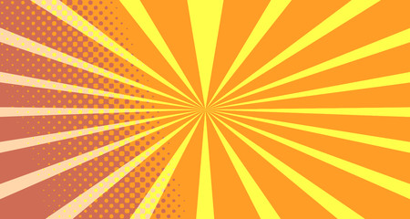 Vintage colorful comic book background. Orange blank bubbles of different shapes. Rays, radial, halftone, dotted effects. For sale banner empty Place for text 1960s. Copy space vector eps10.