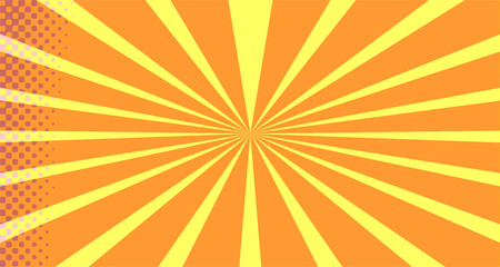 Vintage colorful comic book background. Orange blank bubbles of different shapes. Rays, radial, halftone, dotted effects. For sale banner empty Place for text 1960s. Copy space vector eps10.