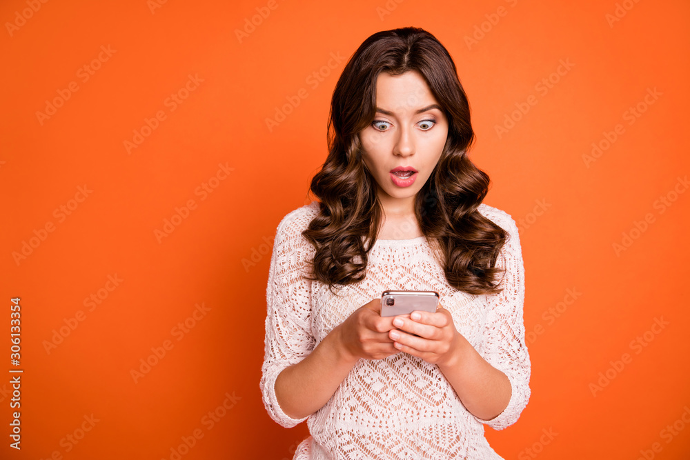 Wall mural portrait of amazed crazy girl addicted blogger use smartphone read social network news impressed scr
