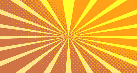 Vintage colorful comic book background. Orange blank bubbles of different shapes. Rays, radial, halftone, dotted effects. For sale banner empty Place for text 1960s. Copy space vector eps10.