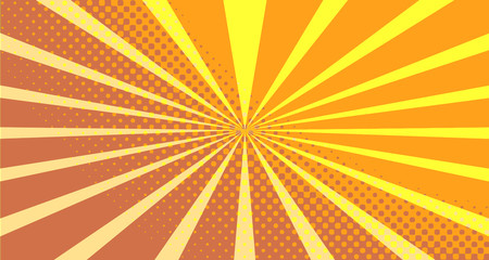 Vintage colorful comic book background. Orange blank bubbles of different shapes. Rays, radial, halftone, dotted effects. For sale banner empty Place for text 1960s. Copy space vector eps10.