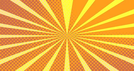 Vintage colorful comic book background. Orange blank bubbles of different shapes. Rays, radial, halftone, dotted effects. For sale banner empty Place for text 1960s. Copy space vector eps10.