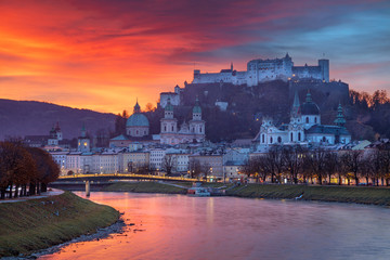Salzburg, Austria. Cityscape image of the Salzburg, Austria with Salzburg Cathedral during beautiful autumn sunrise.