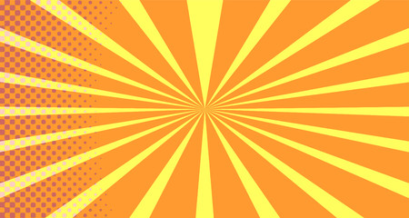 Vintage colorful comic book background. Orange blank bubbles of different shapes. Rays, radial, halftone, dotted effects. For sale banner empty Place for text 1960s. Copy space vector eps10.