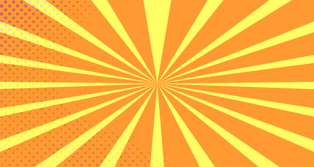 Vintage colorful comic book background. Orange blank bubbles of different shapes. Rays, radial, halftone, dotted effects. For sale banner empty Place for text 1960s. Copy space vector eps10.